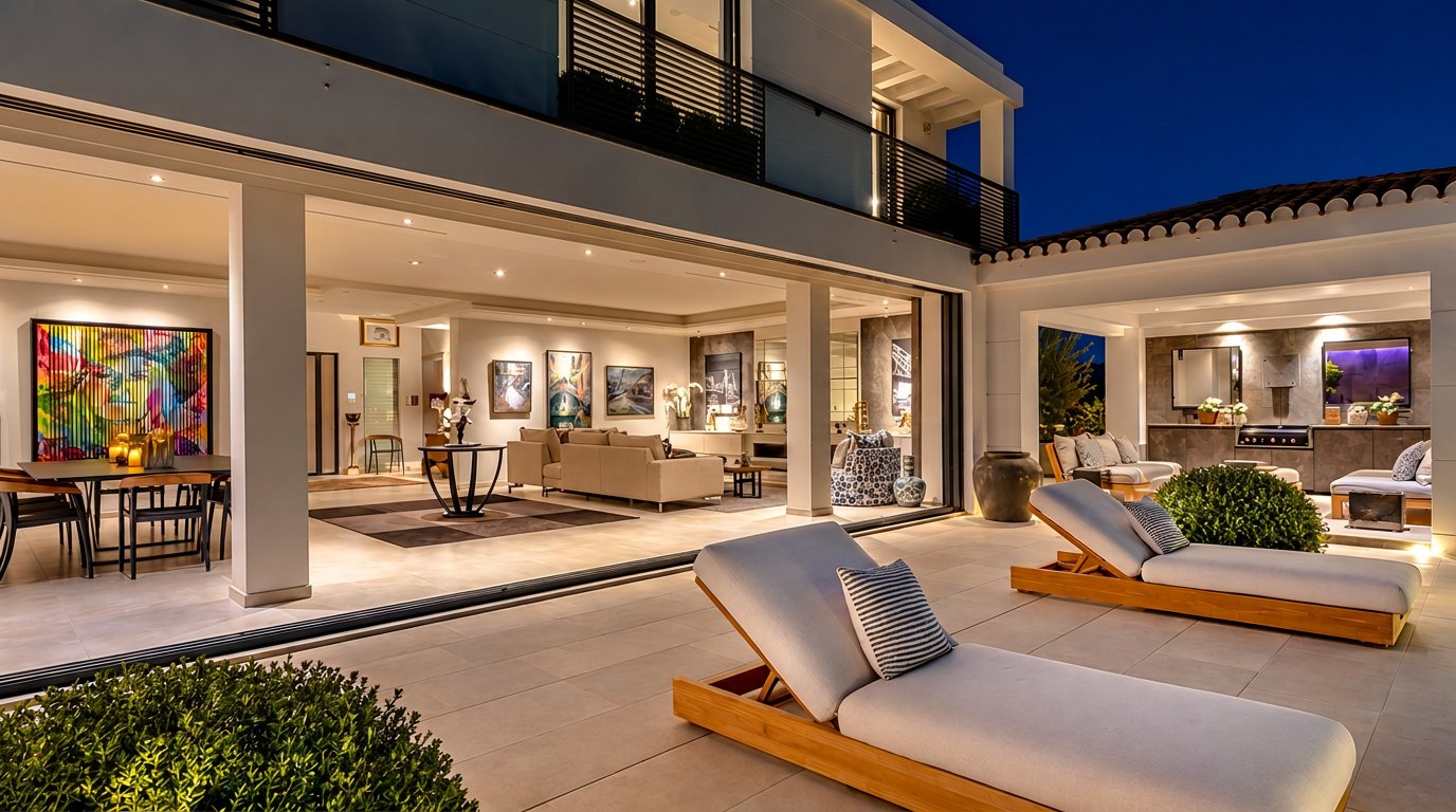 Melissa Jane Interiors luxury villa terrace and living space in the Algarve at twilight